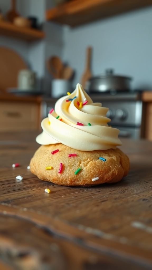 A cookie topped with vanilla frosting and colorful sprinkles on a wooden table.